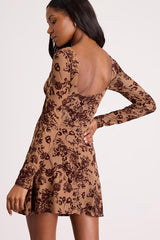 Ardella Light Brown Floral Mesh Long Sleeve Mini Dress