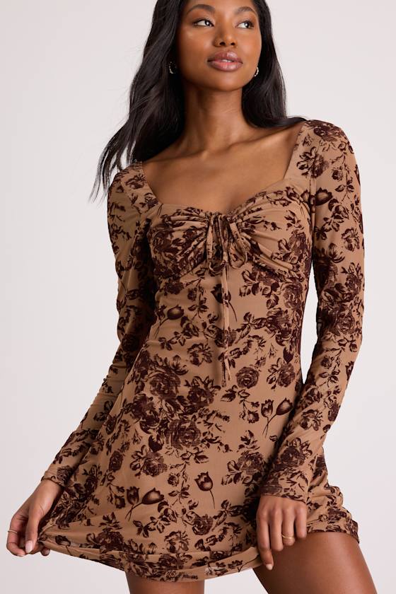Ardella Light Brown Floral Mesh Long Sleeve Mini Dress