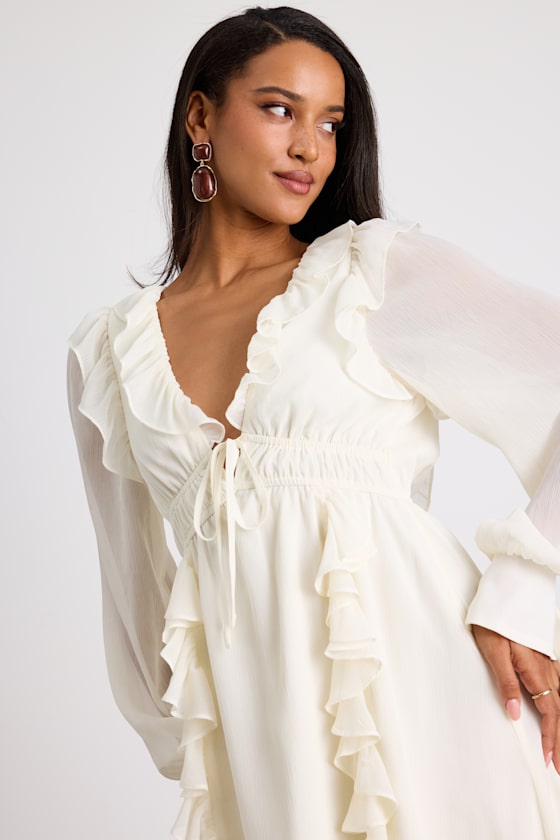 Haida Cream Ruffled Long Sleeve Mini Dress