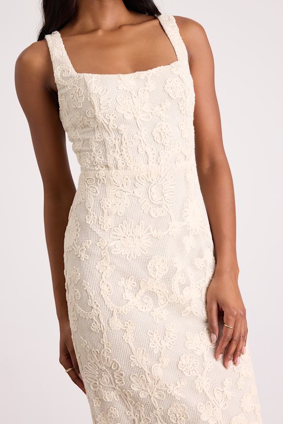 Larine Cream Abstract Floral Embroidered Midi Dress