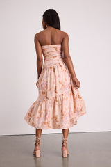 Kristella Blush Floral Strapless Tiered Midi Dress