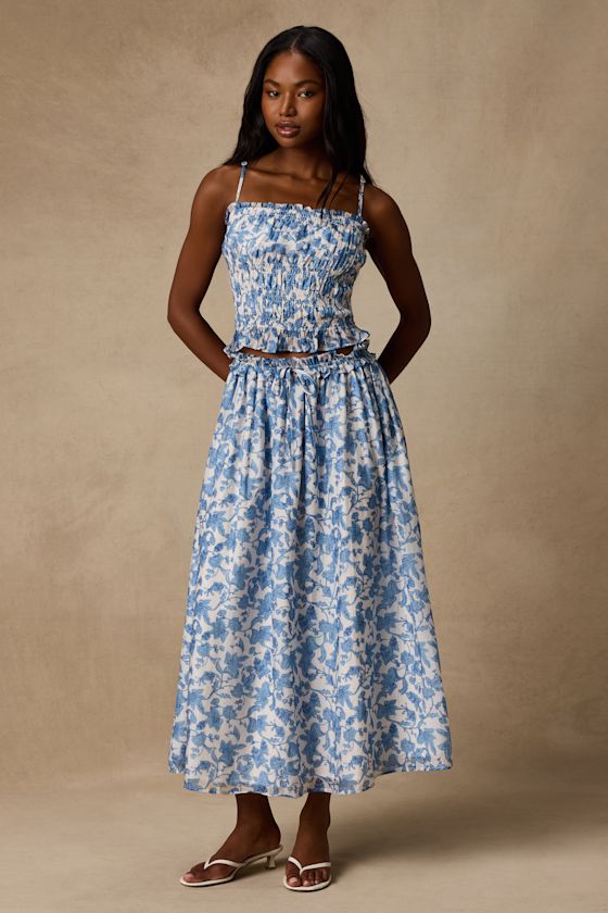 Denarius White and Blue Leaf Print Two-Piece Midi Dress