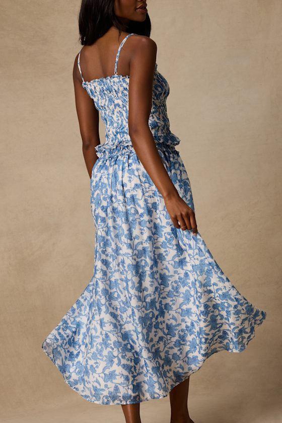 Denarius White and Blue Leaf Print Two-Piece Midi Dress