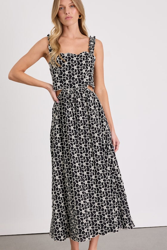 Myka Black Floral Embroidered Cutout Midi Dress