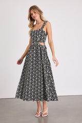 Myka Black Floral Embroidered Cutout Midi Dress