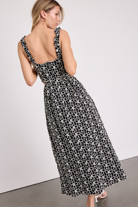 Myka Black Floral Embroidered Cutout Midi Dress