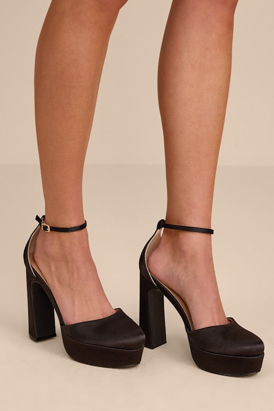 Vivien Black Satin Ankle Strap Platform Heels
