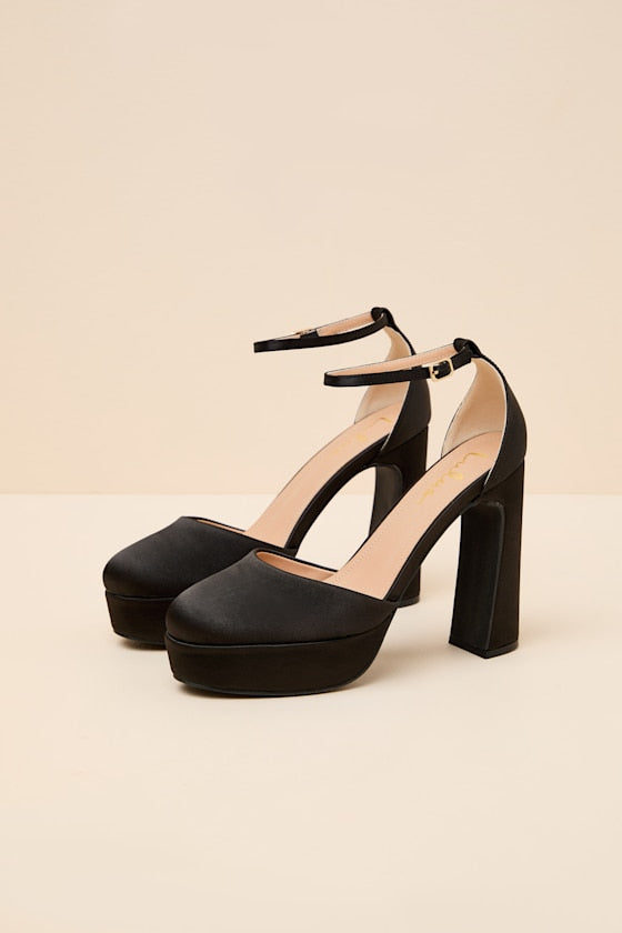 Vivien Black Satin Ankle Strap Platform Heels