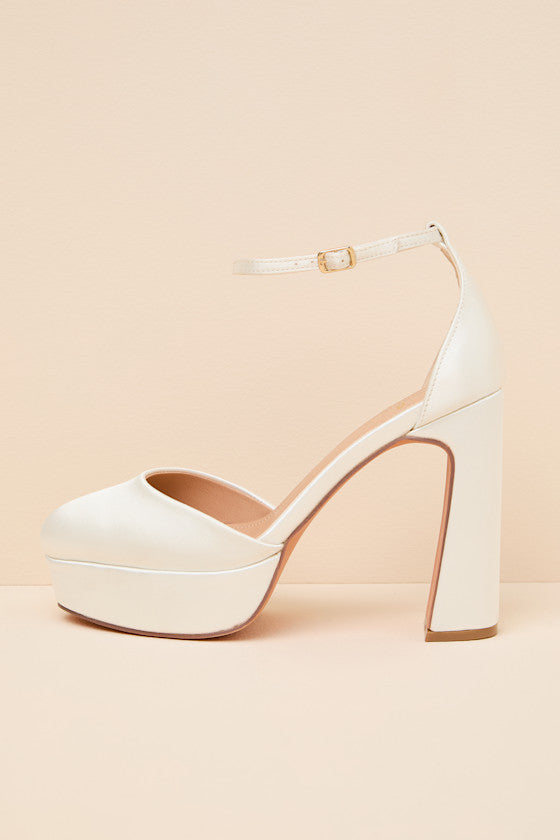 Vivien White Satin Ankle Strap Platform Heels