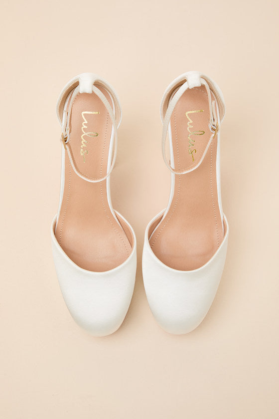 Vivien White Satin Ankle Strap Platform Heels