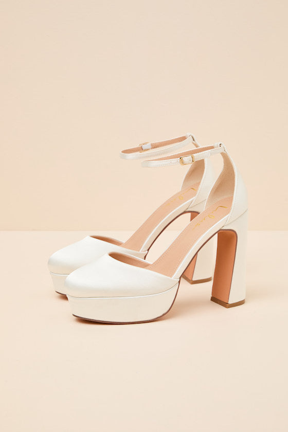 Vivien White Satin Ankle Strap Platform Heels