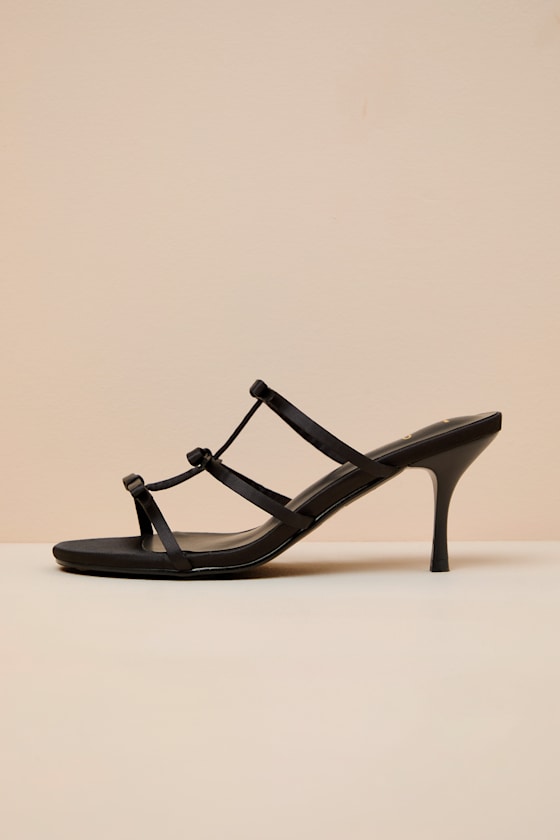 Millie Black Satin Strappy Bow High Heel Slide Sandals