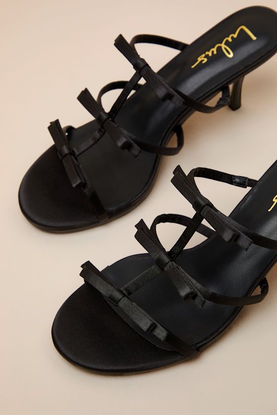 Millie Black Satin Strappy Bow High Heel Slide Sandals
