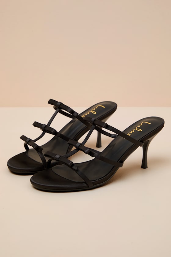 Millie Black Satin Strappy Bow High Heel Slide Sandals