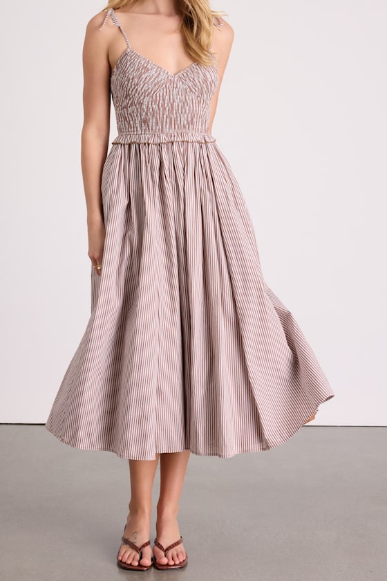 Fanya Brown and White Striped Smocked Midi Dress
