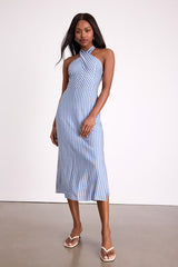 Gratiana Light Blue Striped Cross-Front Halter Midi Dress