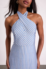 Gratiana Light Blue Striped Cross-Front Halter Midi Dress