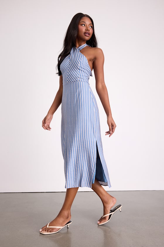 Gratiana Light Blue Striped Cross-Front Halter Midi Dress