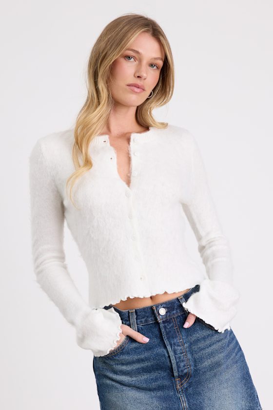 Mosley Ivory Fuzzy Knit Button-Up Cardigan