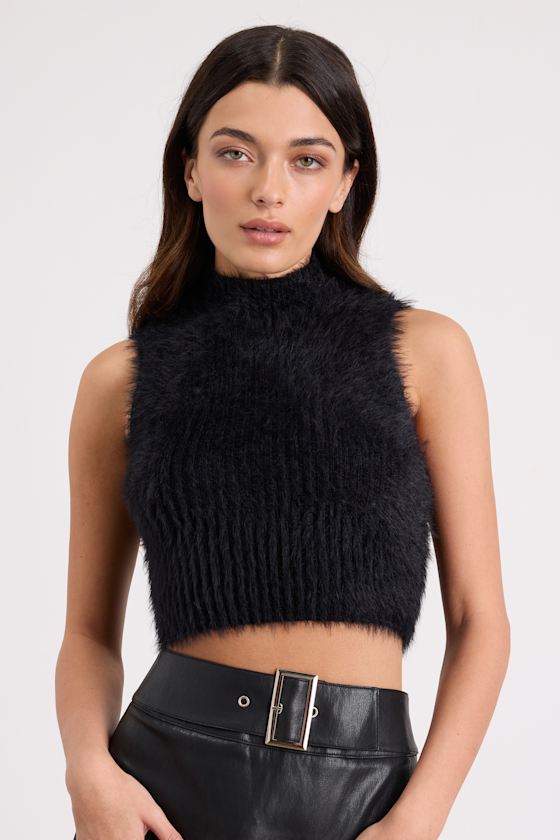 Nadene Black Eyelash Knit Mock Neck Sweater Top
