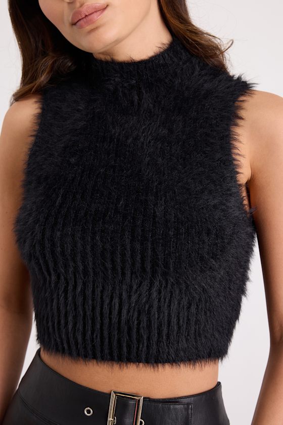 Nadene Black Eyelash Knit Mock Neck Sweater Top