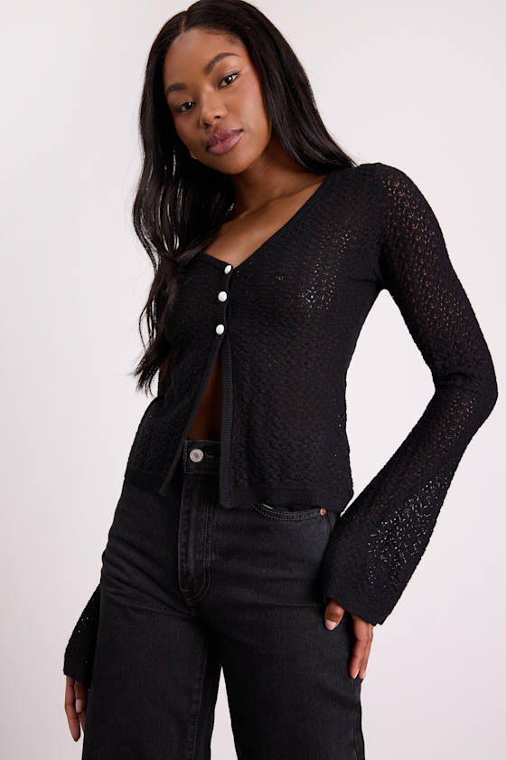 Freesia Black Pointelle Knit Button-Front Cardigan