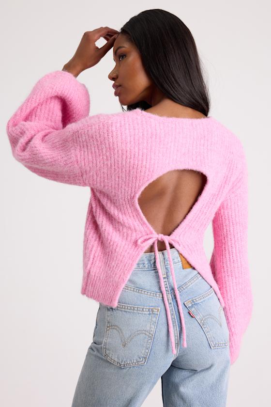 Direna Pink Fuzzy Tie-Back Long Sleeve Sweater