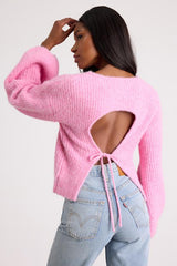 Direna Pink Fuzzy Tie-Back Long Sleeve Sweater