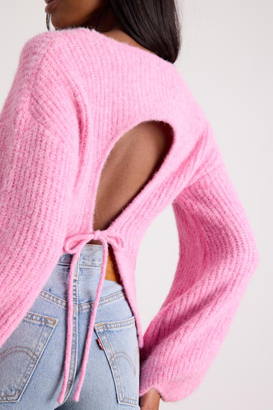 Direna Pink Fuzzy Tie-Back Long Sleeve Sweater