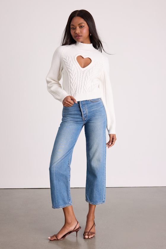 Priya Ivory Cutout Mock Neck Cropped Sweater