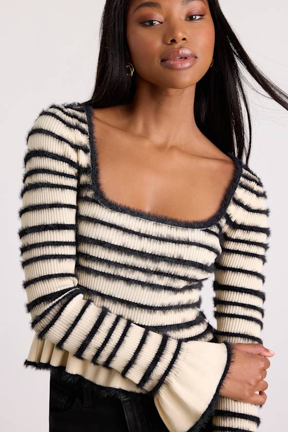 Steffy Cream and Black Fuzzy Striped Ruffled Sweater Top