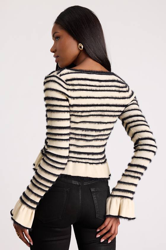 Steffy Cream and Black Fuzzy Striped Ruffled Sweater Top