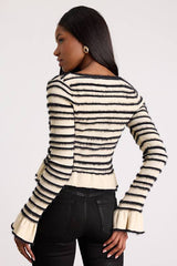 Steffy Cream and Black Fuzzy Striped Ruffled Sweater Top