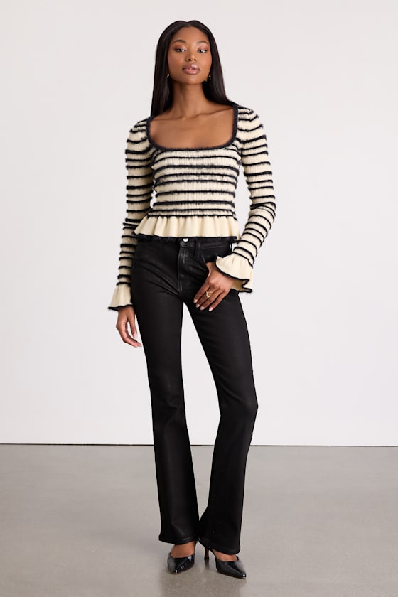 Steffy Cream and Black Fuzzy Striped Ruffled Sweater Top