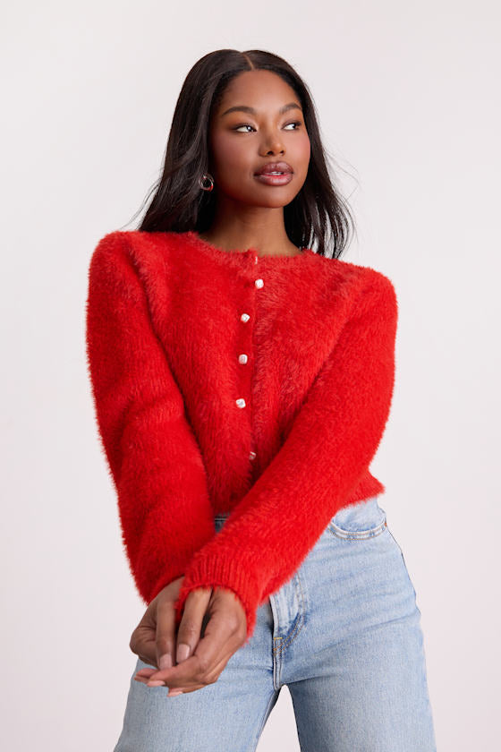 Arinda Red Eyelash Knit Button-Up Cardigan