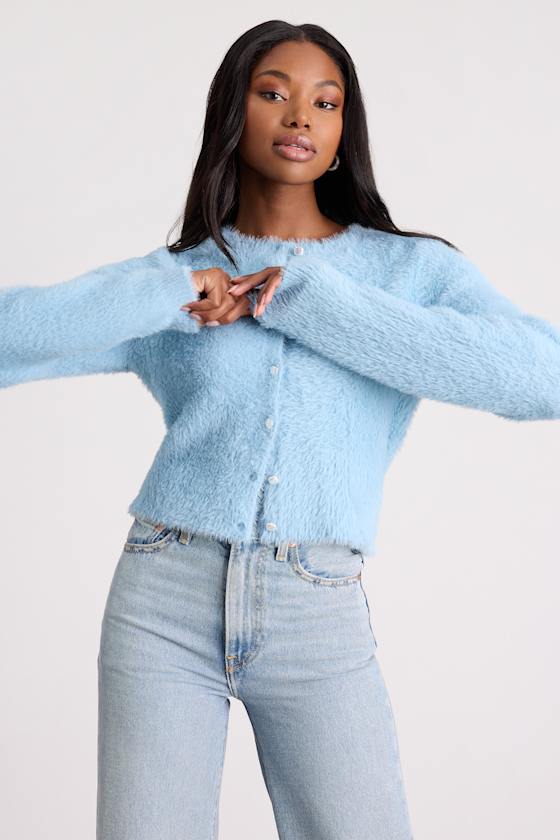 Arinda Light Blue Eyelash Knit Button-Up Cardigan