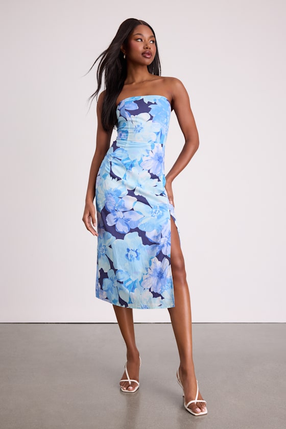 Bold Tendencies Blue Floral Strapless Cutout Midi Dress