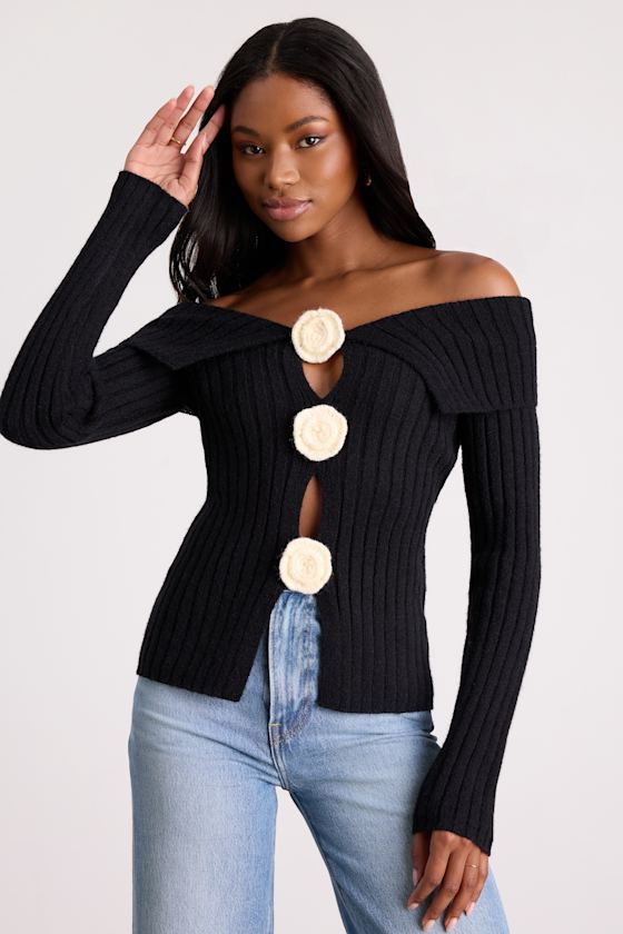 Dulcinea Black Off-the-Shoulder Rosette Sweater Top