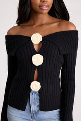 Dulcinea Black Off-the-Shoulder Rosette Sweater Top