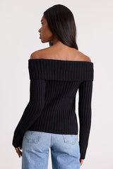 Dulcinea Black Off-the-Shoulder Rosette Sweater Top