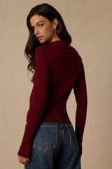 Ashley Wine Red Ribbed Collared Sweater Knit Top