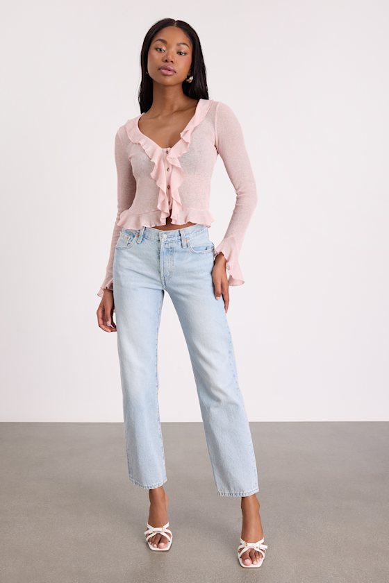 Casley Blush Ruffled Button-Front Sweater Knit Top
