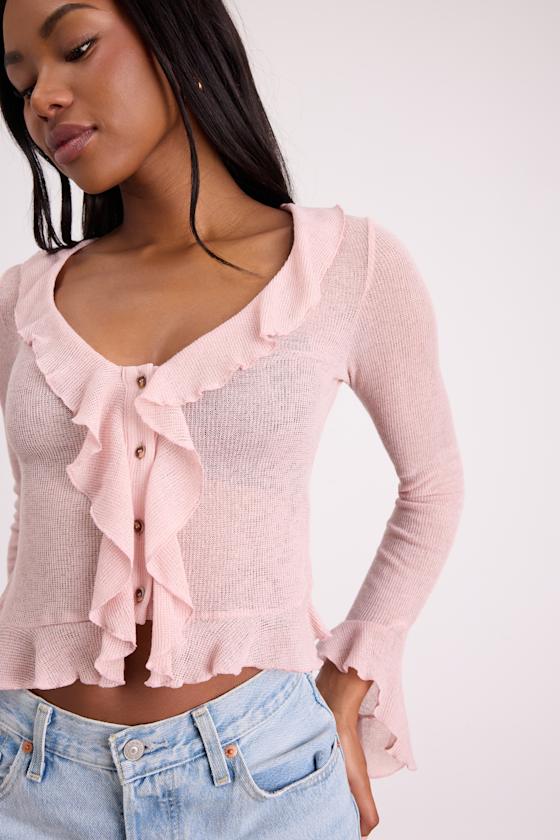 Casley Blush Ruffled Button-Front Sweater Knit Top