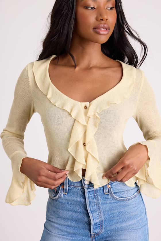 Casley Light Yellow Ruffled Button-Front Sweater Knit Top