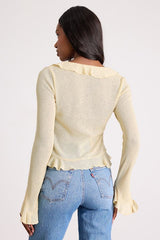 Casley Light Yellow Ruffled Button-Front Sweater Knit Top