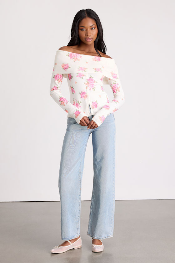 Prina Ivory Rose Print Off-the-Shoulder Sweater Top