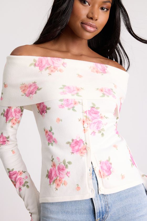Prina Ivory Rose Print Off-the-Shoulder Sweater Top