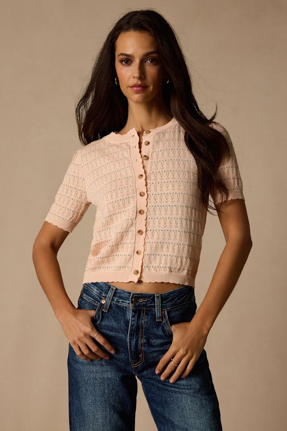 Reni Peach Pointelle Knit Short Sleeve Cardigan