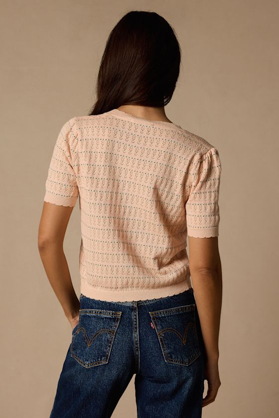 Reni Peach Pointelle Knit Short Sleeve Cardigan