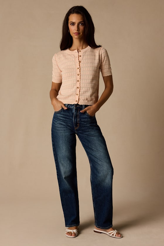 Reni Peach Pointelle Knit Short Sleeve Cardigan